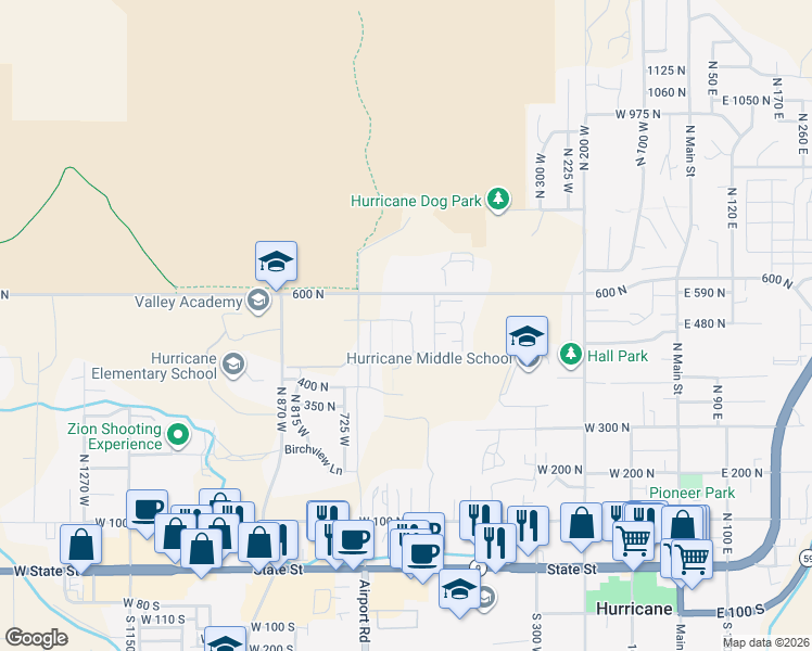 map of restaurants, bars, coffee shops, grocery stores, and more near 527 600 North in Hurricane