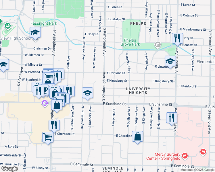 map of restaurants, bars, coffee shops, grocery stores, and more near 619 East Kingsbury Street in Springfield