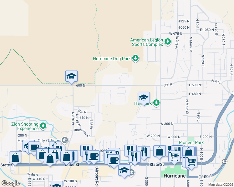 map of restaurants, bars, coffee shops, grocery stores, and more near 530 West in Hurricane