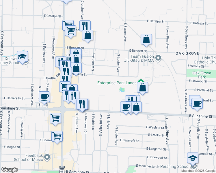 map of restaurants, bars, coffee shops, grocery stores, and more near 1602 South Link Avenue in Springfield