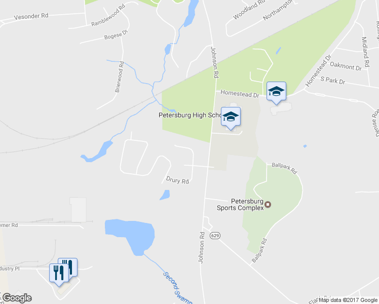 map of restaurants, bars, coffee shops, grocery stores, and more near 1600 Kings Road in Petersburg