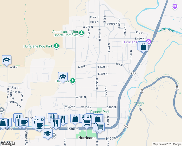 map of restaurants, bars, coffee shops, grocery stores, and more near 527 North Main Street in Hurricane