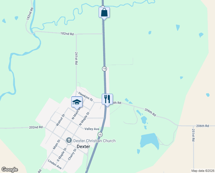 map of restaurants, bars, coffee shops, grocery stores, and more near Highway 15 in Dexter