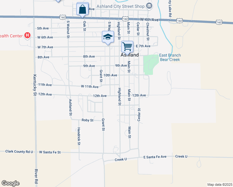 map of restaurants, bars, coffee shops, grocery stores, and more near 1116 South Maple Street in Ashland