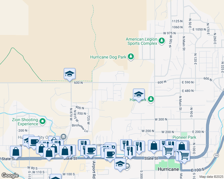 map of restaurants, bars, coffee shops, grocery stores, and more near 526 600 North in Hurricane