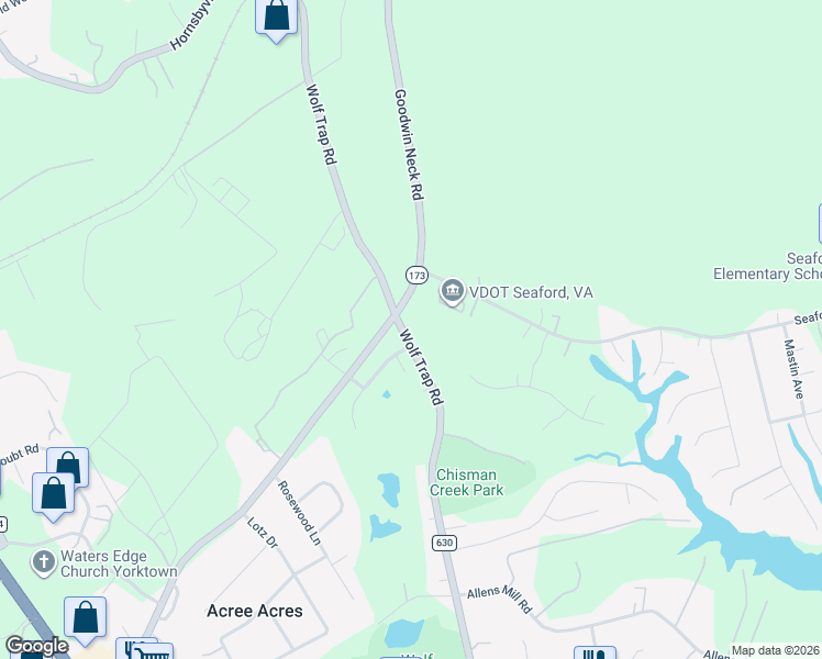 map of restaurants, bars, coffee shops, grocery stores, and more near 500 Goodwin Neck Road in Yorktown