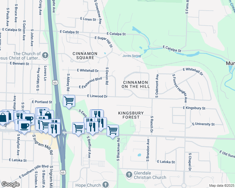 map of restaurants, bars, coffee shops, grocery stores, and more near 1523 South Essex Road in Springfield