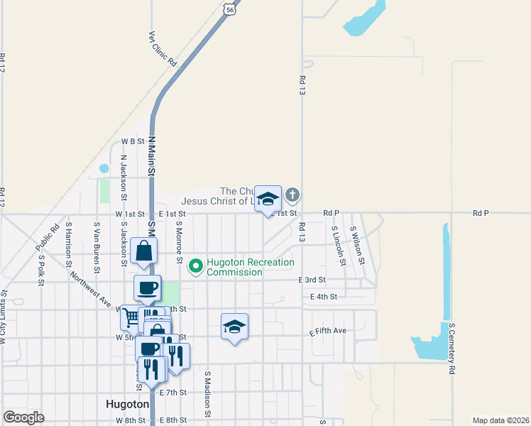 map of restaurants, bars, coffee shops, grocery stores, and more near 450-498 East 1st Street in Hugoton