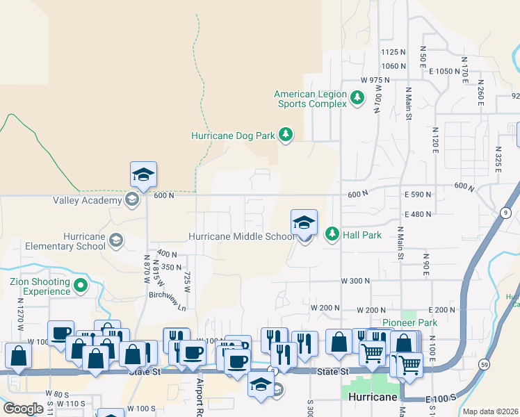 map of restaurants, bars, coffee shops, grocery stores, and more near 422 600 North in Hurricane