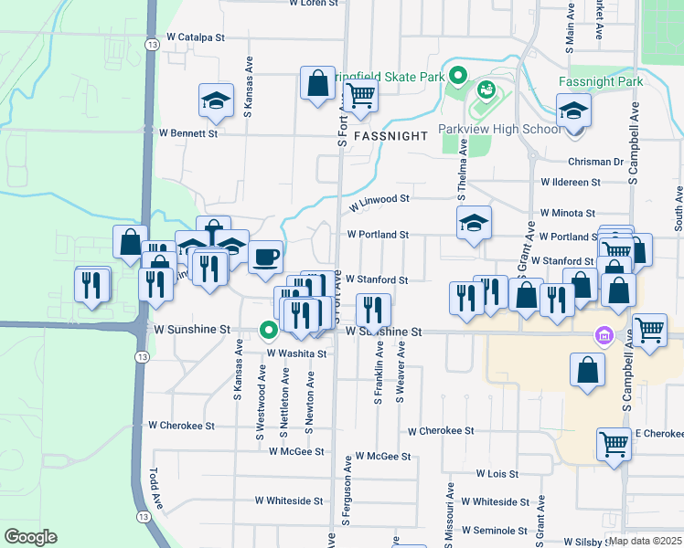 map of restaurants, bars, coffee shops, grocery stores, and more near 1628 South Fort Avenue in Springfield