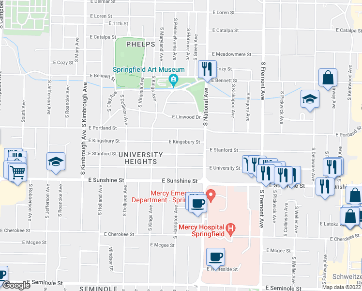 map of restaurants, bars, coffee shops, grocery stores, and more near 1600-1628 S Hampton Ave in Springfield