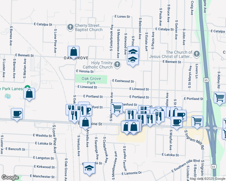 map of restaurants, bars, coffee shops, grocery stores, and more near 2827 East Linwood Street in Springfield