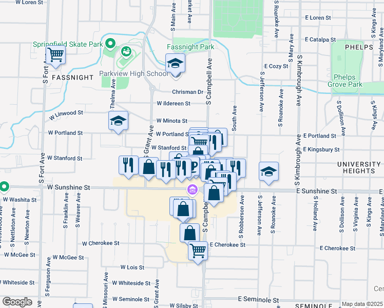 map of restaurants, bars, coffee shops, grocery stores, and more near 417 West Stanford Street in Springfield
