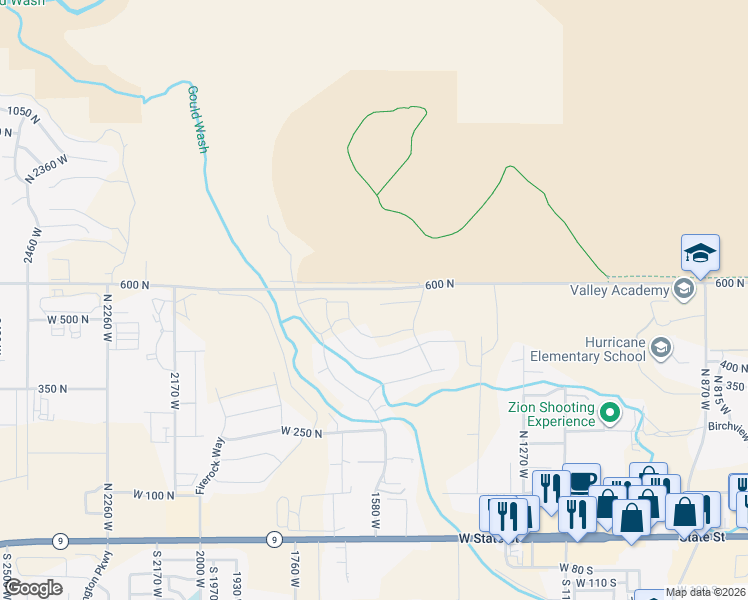 map of restaurants, bars, coffee shops, grocery stores, and more near 1576 West 540 North in Hurricane