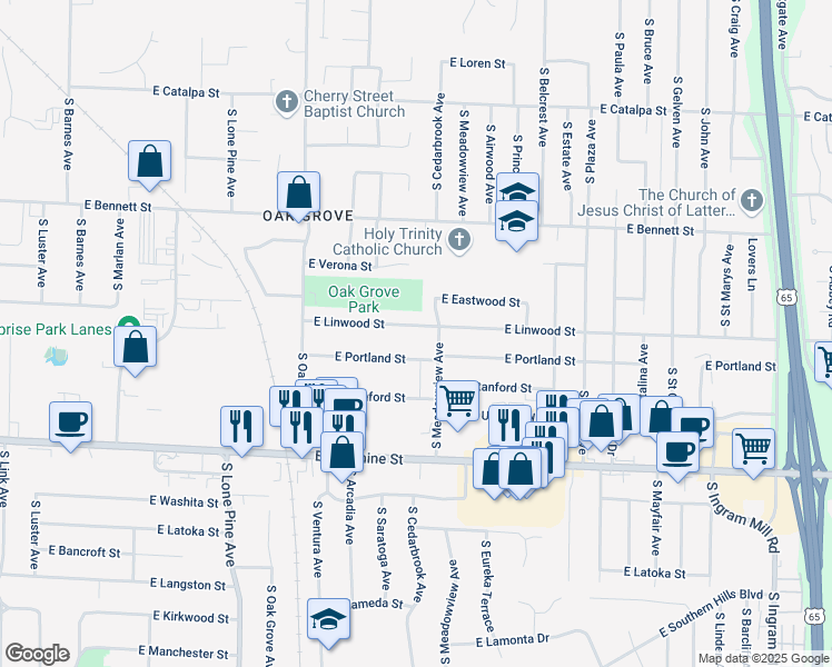 map of restaurants, bars, coffee shops, grocery stores, and more near 2753 East Linwood Street in Springfield