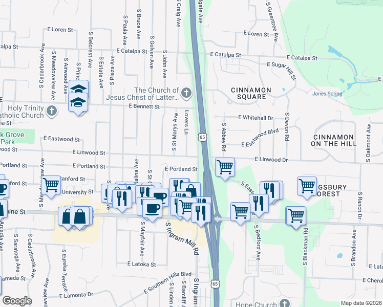 map of restaurants, bars, coffee shops, grocery stores, and more near 1530 South Lovers Lane in Springfield