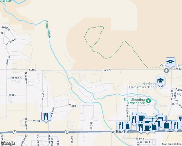 map of restaurants, bars, coffee shops, grocery stores, and more near 1576 West 540 North in Hurricane