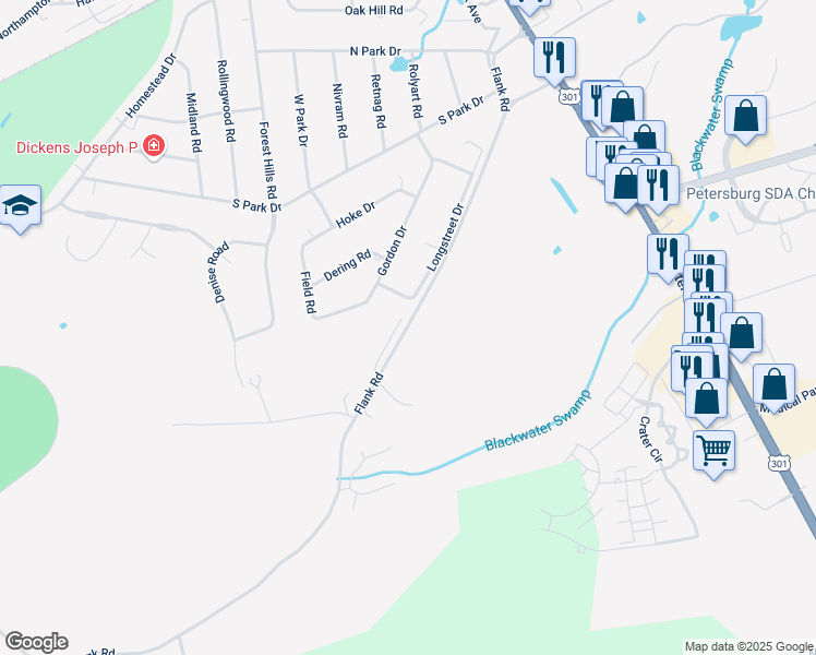 map of restaurants, bars, coffee shops, grocery stores, and more near 636 Flank Road in Petersburg