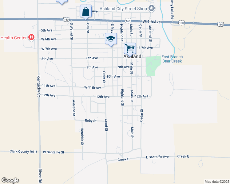 map of restaurants, bars, coffee shops, grocery stores, and more near 1116 South Maple Street in Ashland