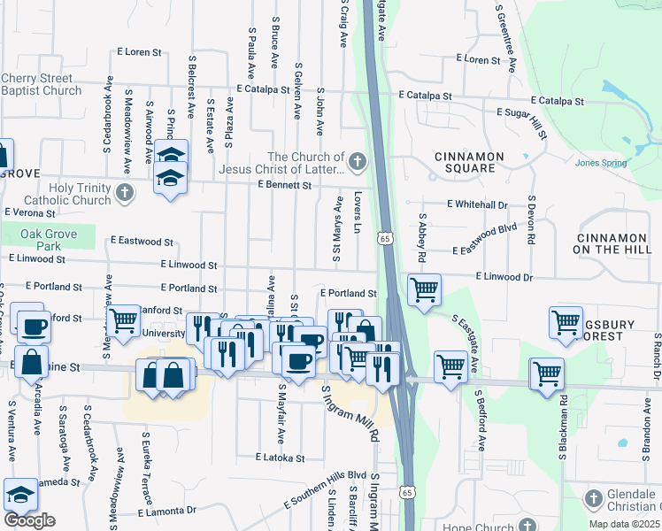 map of restaurants, bars, coffee shops, grocery stores, and more near 1543 South Saint Marys Avenue in Springfield