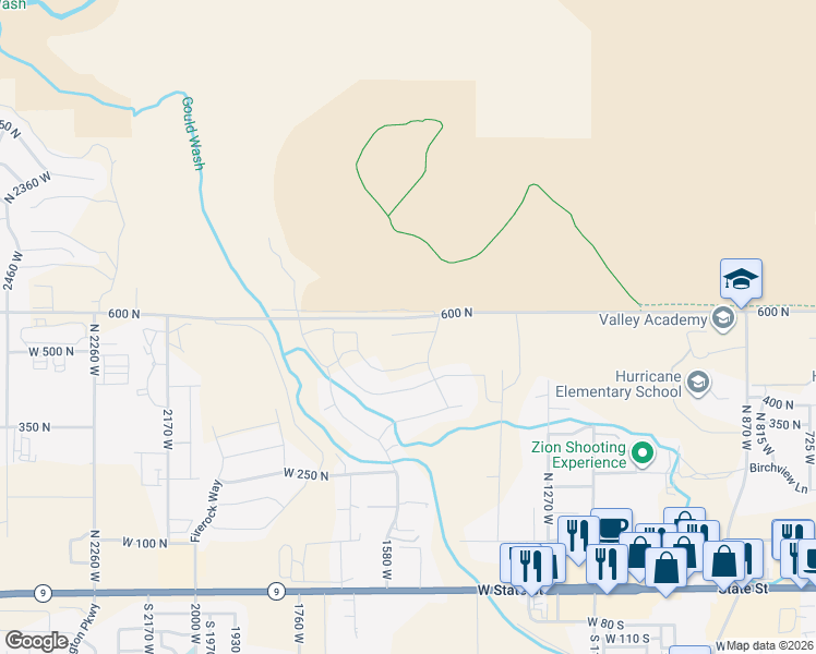 map of restaurants, bars, coffee shops, grocery stores, and more near 1532 West 540 North in Hurricane