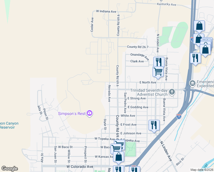 map of restaurants, bars, coffee shops, grocery stores, and more near 201-299 West North Avenue in Trinidad