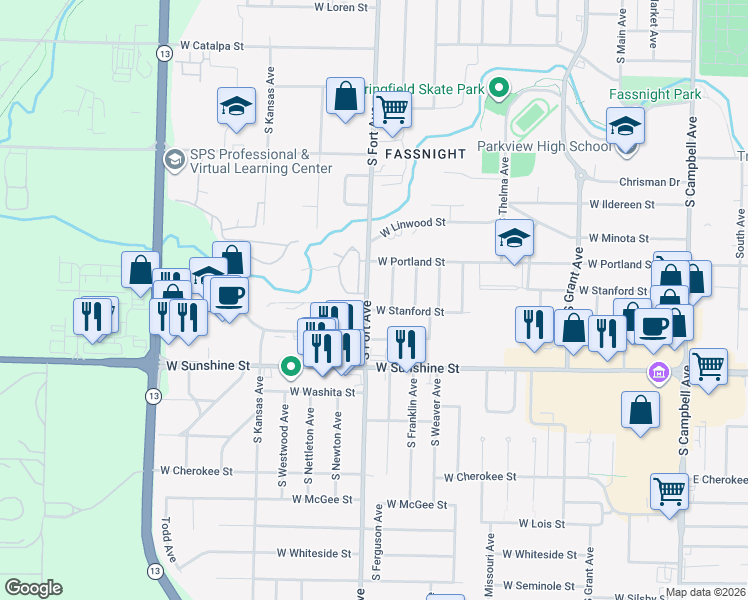 map of restaurants, bars, coffee shops, grocery stores, and more near 1628 South Fort Avenue in Springfield