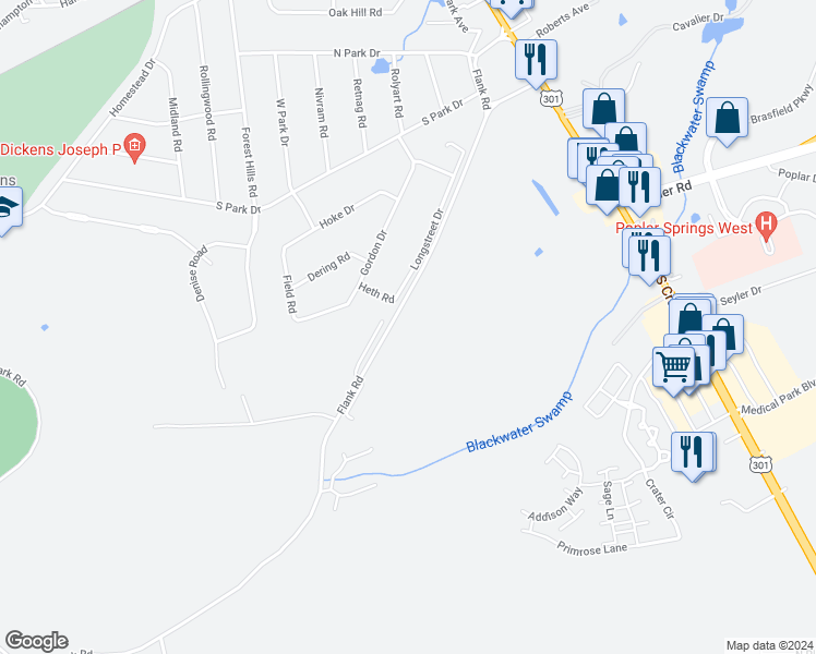 map of restaurants, bars, coffee shops, grocery stores, and more near 550 Flank Road in Petersburg