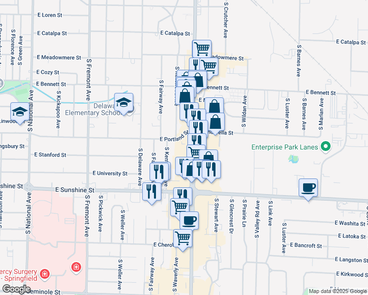 map of restaurants, bars, coffee shops, grocery stores, and more near 1615 South Glenstone Avenue in Springfield