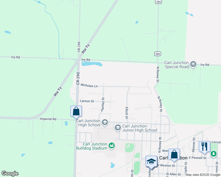 map of restaurants, bars, coffee shops, grocery stores, and more near 816 Nicholas Lane in Carl Junction