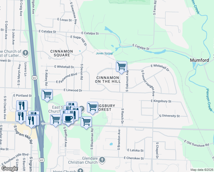 map of restaurants, bars, coffee shops, grocery stores, and more near 3873 East Linwood Terrace in Springfield