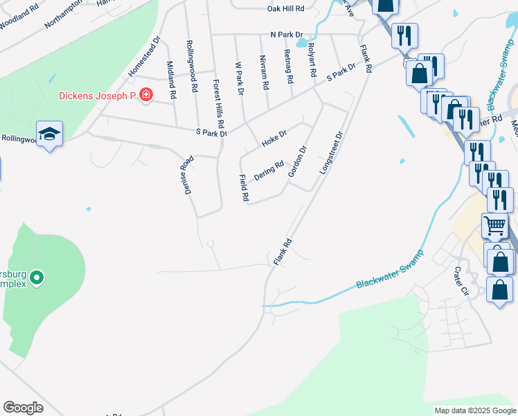 map of restaurants, bars, coffee shops, grocery stores, and more near 626 Gordon Drive in Petersburg