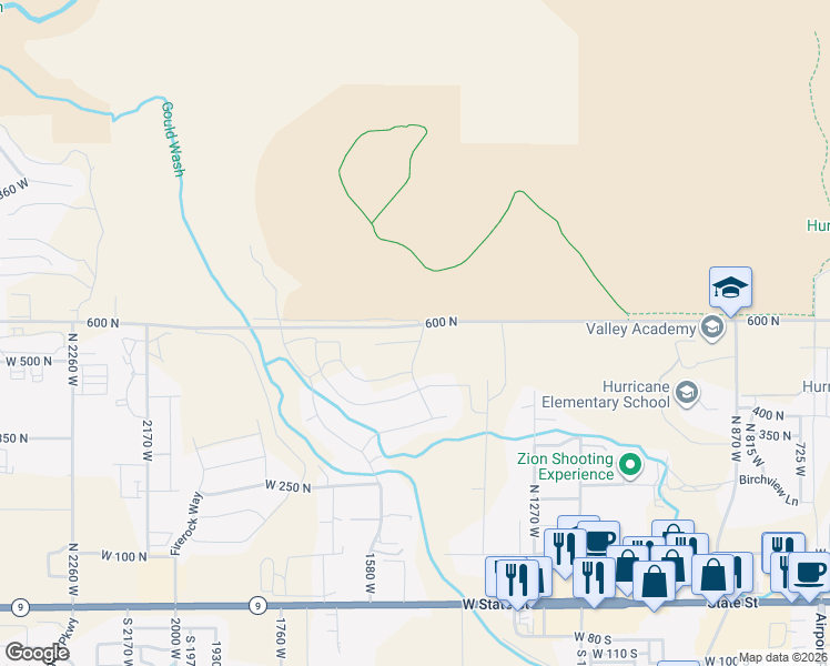 map of restaurants, bars, coffee shops, grocery stores, and more near 1452 West 540 North in Hurricane