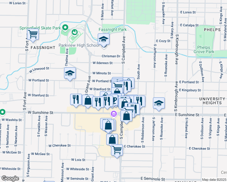 map of restaurants, bars, coffee shops, grocery stores, and more near 417 West Stanford Street in Springfield