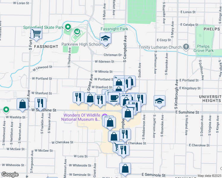 map of restaurants, bars, coffee shops, grocery stores, and more near 508 West Stanford Street in Springfield