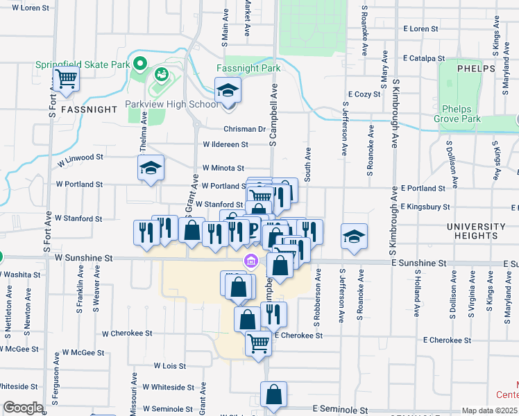 map of restaurants, bars, coffee shops, grocery stores, and more near 417 West Stanford Street in Springfield