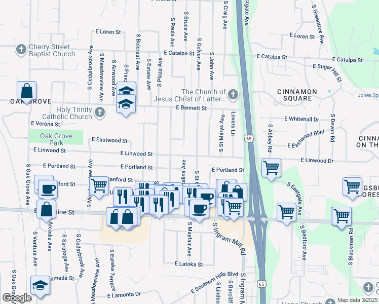 map of restaurants, bars, coffee shops, grocery stores, and more near 3161 East Linwood Drive in Springfield