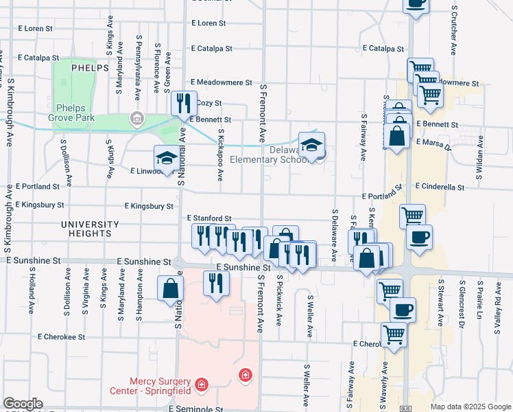 map of restaurants, bars, coffee shops, grocery stores, and more near 1609 South Fremont Avenue in Springfield