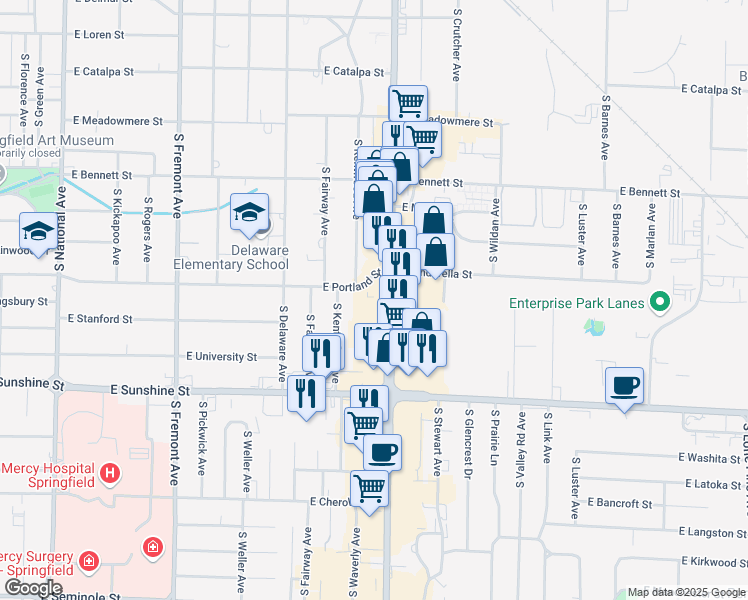 map of restaurants, bars, coffee shops, grocery stores, and more near 1615 S Glenstone Ave in Springfield