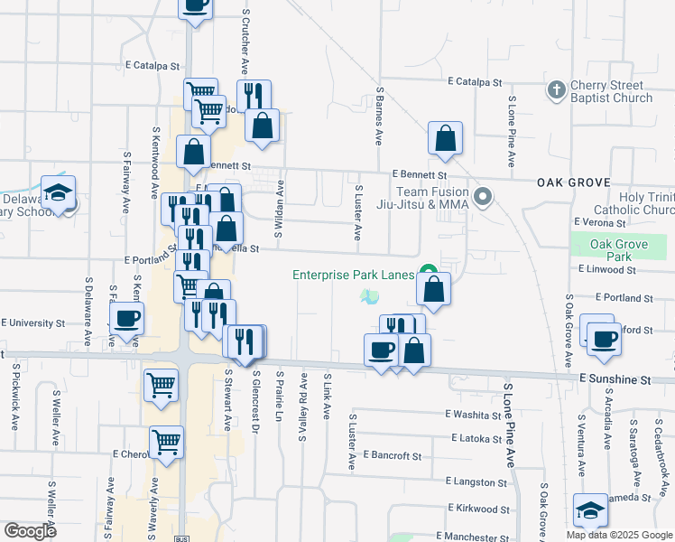 map of restaurants, bars, coffee shops, grocery stores, and more near 1602 South Link Avenue in Springfield