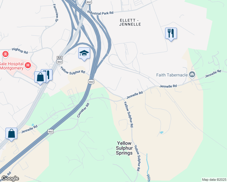 map of restaurants, bars, coffee shops, grocery stores, and more near 3330 Yellow Sulphur Road in Blacksburg
