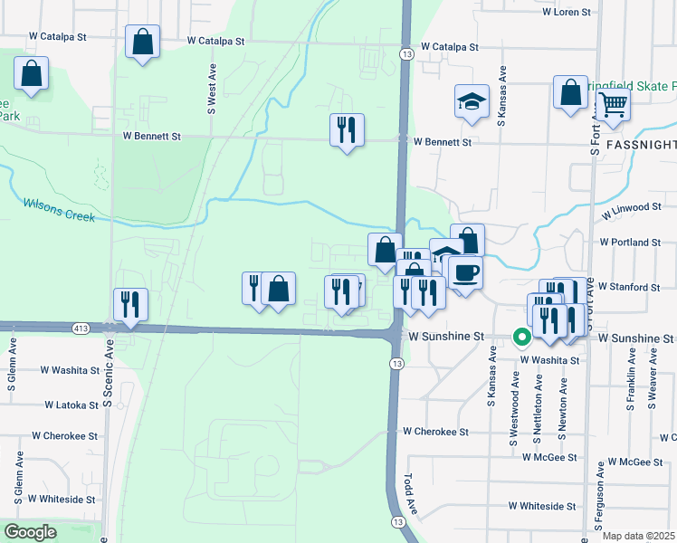 map of restaurants, bars, coffee shops, grocery stores, and more near 1644 South Marion Avenue in Springfield