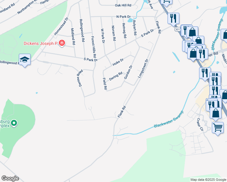 map of restaurants, bars, coffee shops, grocery stores, and more near 630 Gordon Drive in Petersburg