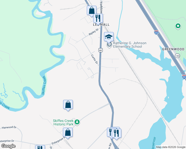 map of restaurants, bars, coffee shops, grocery stores, and more near 400 Hilltop Drive in Newport News