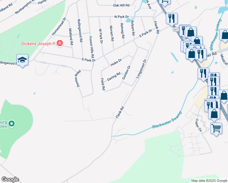map of restaurants, bars, coffee shops, grocery stores, and more near 626 Gordon Drive in Petersburg