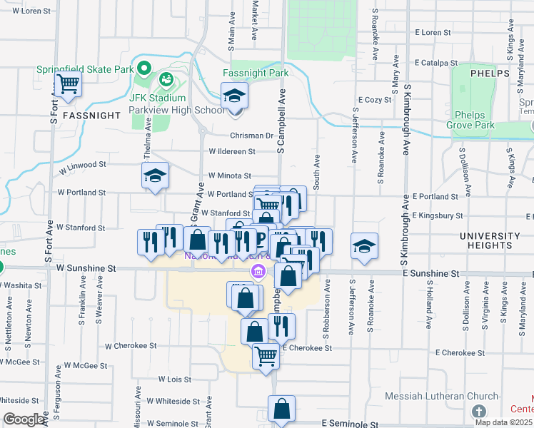 map of restaurants, bars, coffee shops, grocery stores, and more near 417 West Stanford Street in Springfield