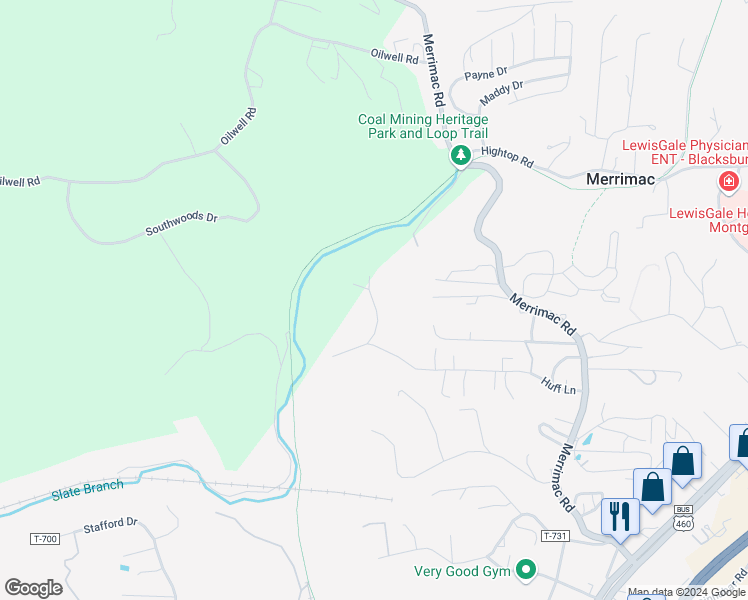 map of restaurants, bars, coffee shops, grocery stores, and more near 654 Kipps Lane in Blacksburg