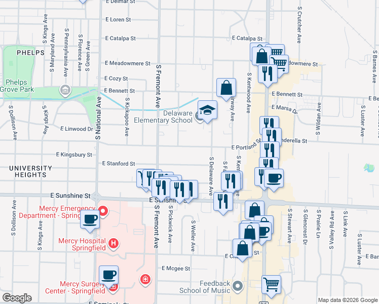 map of restaurants, bars, coffee shops, grocery stores, and more near 1508 East Portland Street in Springfield