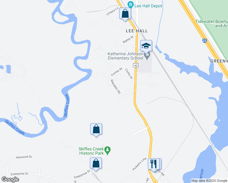 map of restaurants, bars, coffee shops, grocery stores, and more near 122 Republic Road in Newport News
