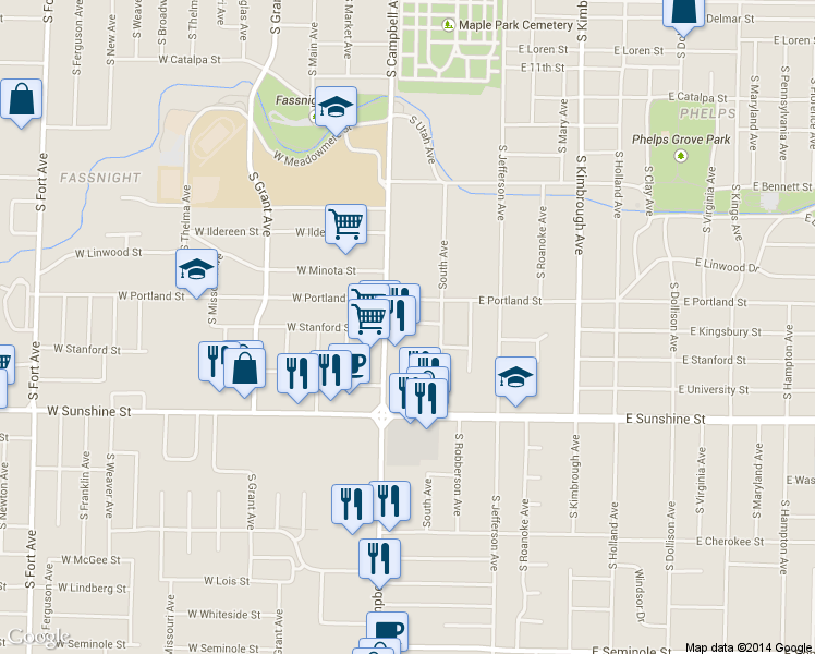 map of restaurants, bars, coffee shops, grocery stores, and more near 308 West Kingsbury Street in Springfield